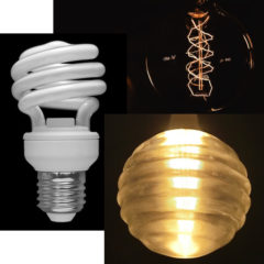 螺旋形の電球? ― 電球形蛍光管，フィラメント電球と渦巻型 3D デザインランプ