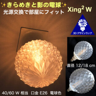 天井の淡い影　3Dデザイン電球 Xing2 W　光源交換で部屋にフィット　きらめく 光が伸びる　口金 E26 電球色