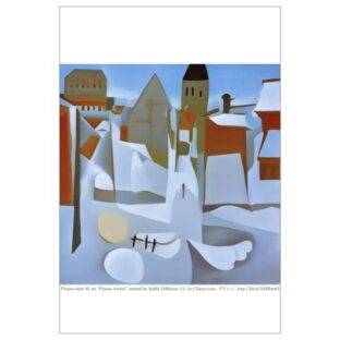 【冬】季節の AIアート絵はがき「ピカソ風の町の雪景色」オリジナル・ポストカード 近代画家風アート 絵葉書